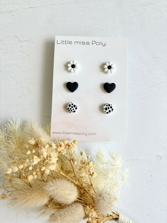 Triple Mini Daisy & Heart Stud Packs - Almost Navy